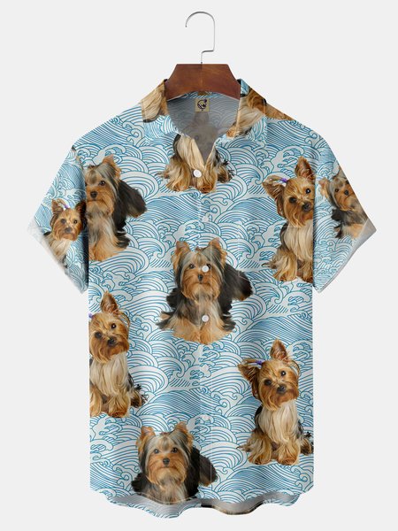 

Animal Dog Chest Pocket Short Sleeve Shirt, Blue, Men Shirts