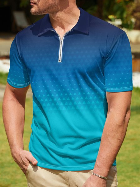 

Ombre Abstract Geometric Zip Short Sleeve Golf Polo, Blue, Polo Shirts