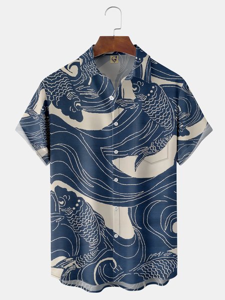 

Ukiyoe Koi Chest Pocket Short Sleeve Shirt, Blue, Men Shirts