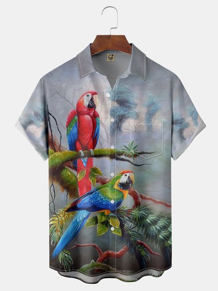 

Parrots Chest Pocket Short Sleeve Hawaiian Shirt, Gray, Men Shirts