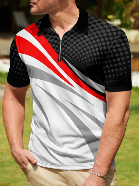 

Geometric Zip Short Sleeve Golf Polo, Black, Polo Shirts