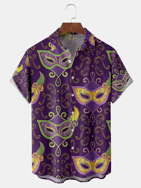 

Mardi Gras Mask Chest Pocket Short Sleeve Casual Shirt, Purple, Men Shirts