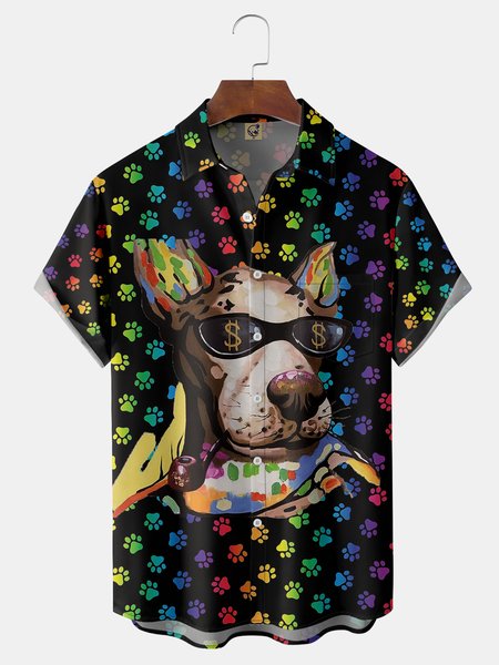 

Animal Dog Chest Pocket Short Sleeve Shirt, Black, Men Shirts