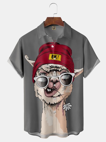 

Alpaca Chest Pocket Short Sleeve Casual Shirt, Gray, Men Shirts