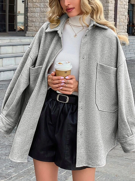 

Loose Shirt Collar Casual Drop Shoulder Pocket Front Overcoat, Gray, Coats
