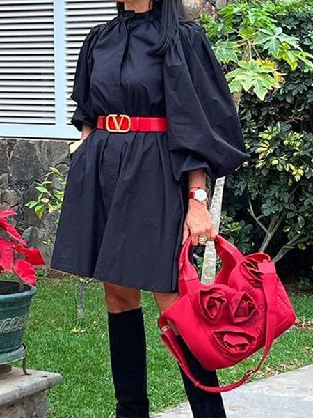 

Urban Loose Stand Collar Three Quarter Skirt Dress, Black, Midi Dresses