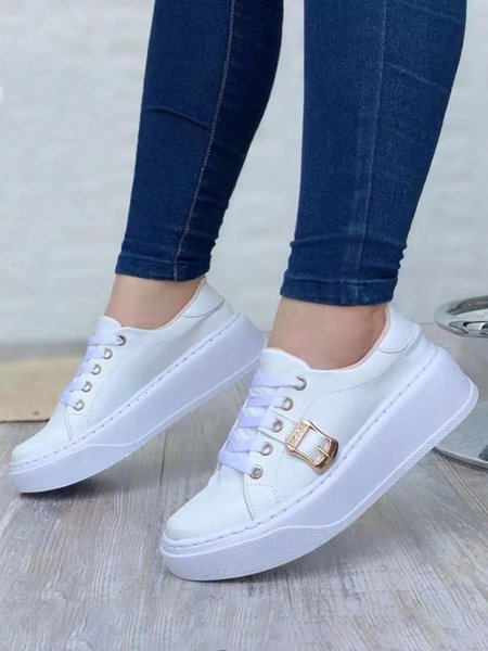 

Casual Lightweight Buckle Lace Up Platform Shoes, White, Sneakers