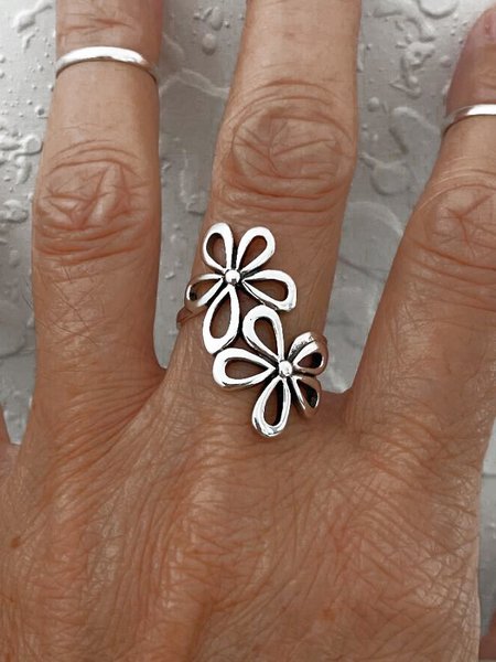 

Boho Vintage Floral Cutout Open Ring Beach Vacation Ethnic Jewelry, Silver, Rings