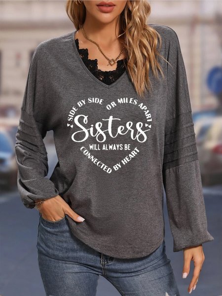 

Loose Sister Crew Neck V Neck Text Letters Casual T-Shirt, Gray, Tops