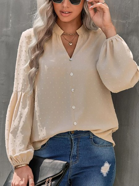 

Cotton-Blend Casual Plain Notched Blouse, Khaki, Blouses & Shirts