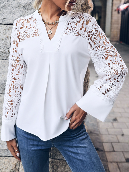 

Lace Stand Collar Casual Top, White, Blouses & Shirts