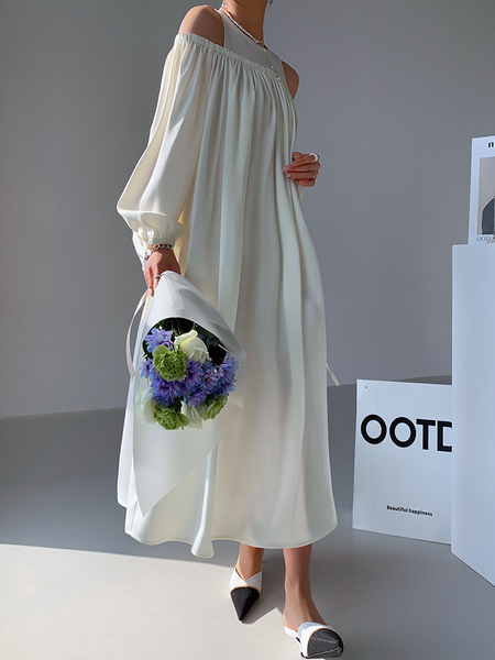 

Plain Crew Neck Elegant Regular Fit Dress, White, Maxi Dresses