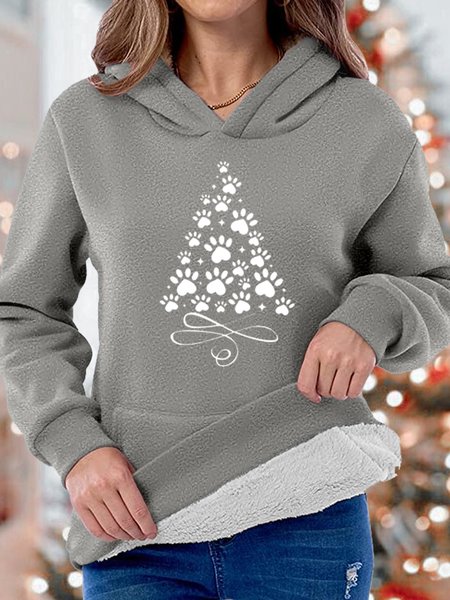 Women's Christmas Paw Tree Winter Warm Fleece Casual Sweatshirt, Gray, Hoodies&Sweatshirts