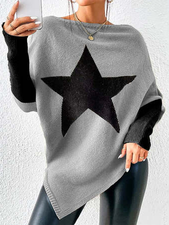 Crew Neck Color Block Casual Sweater, Gray, Sweaters