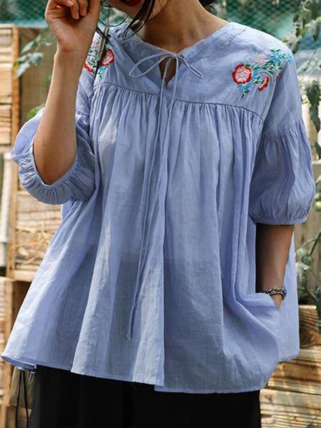 

Cotton Floral V Neck Casual Top, Blue, Tops