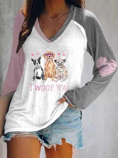 

V Neck Loose Valentine's Day Dog Casual T-Shirt, Multicolor, Tops