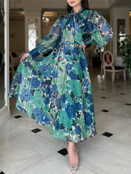 

Regular Fit Elegant Floral Shawl Collar Dress, Blue, Maxi Dresses