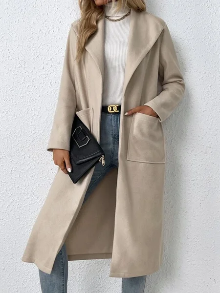 

Waterfall Collar Pocket Patched Open Front Overcoat, Khaki, Trench Coats