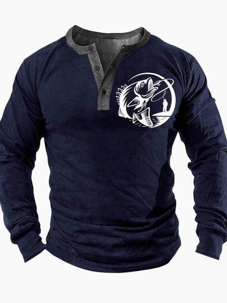 

Men's Fishing Funny Graphic Print Half Turtleneck Casual Top, Dark blue, Long Sleeves