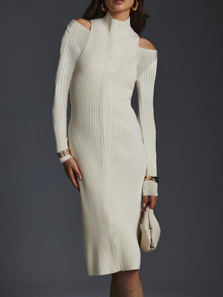 

Half Turtleneck Elegant Plain Midi Spring Dress, Off white, Midi Dresses