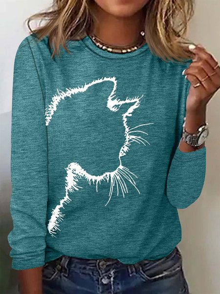 Women's Cute Cat Print Casual Crew Neck Top, Green, Long sleeves