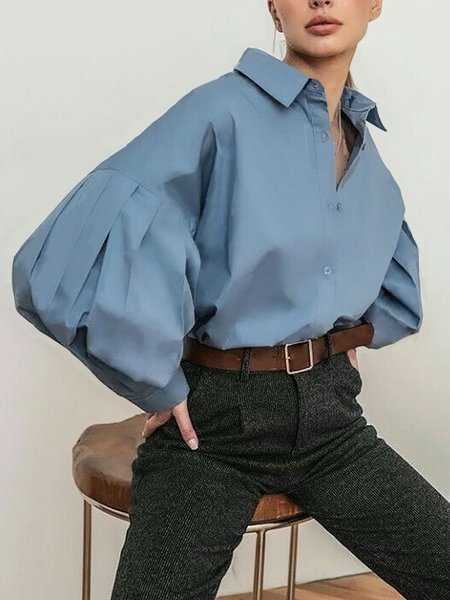 

Loose Shirt Collar Urban Plain Spring Blouse, Blue, Blouses and Shirts