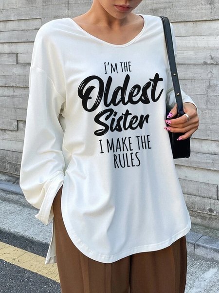 

Funny Sister Gift Old Sister Casual Long Sleeve Text Letters V Neck Casual Loose T-Shirt, White, T-Shirts