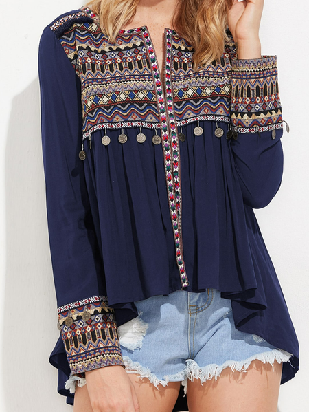 

Ethnic Geometric Regular Fit V Neck Top, Deep blue, Tops
