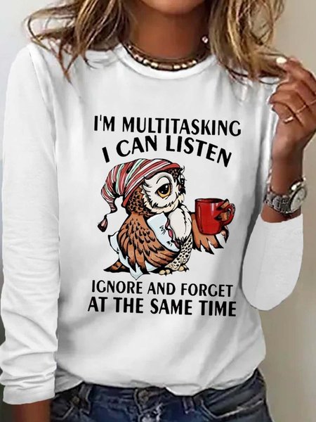 

Women's Funny I'm Multitasking Letters Crew Neck Casual Top, White, Long sleeves