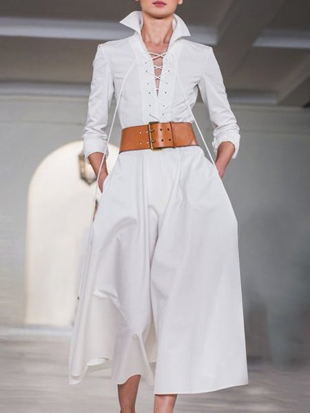 

Shirt Collar Regular Fit Elegant Long sleeve Dress, White, Midi Dresses
