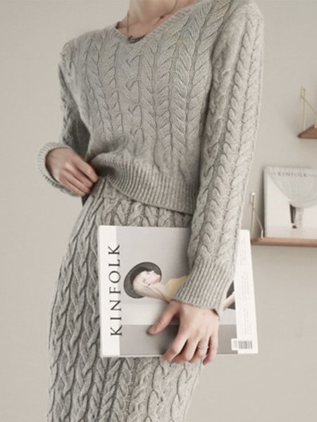 

Plain V Neck Casual Long Sleeve Sweater, Gray, Pullovers
