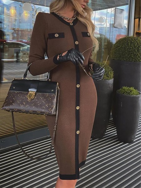 

Long sleeve Elegant Color Block Midi Dress, Coffee, Midi Dresses