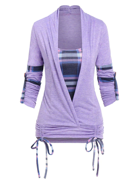 Casual Long Sleeve U Neck Casual Holiday Mature Daily Vacation Color Block T-Shirt, Purple, T-Shirts