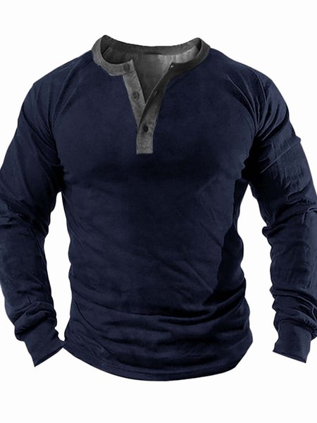 

Men’s Plain Half Open Collar Regular Fit Text Letters Casual Top, Deep blue, Long Sleeves