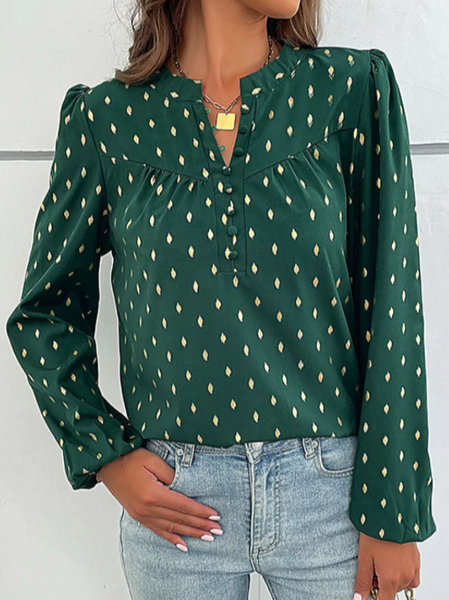 

Loose Casual Geometric Notched Blouse, Green, Shirts & Blouses