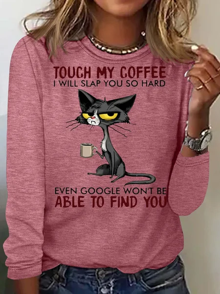 

Women's Funny Coffee Letters Grumpy Cat Top, Rose red, Long sleeves