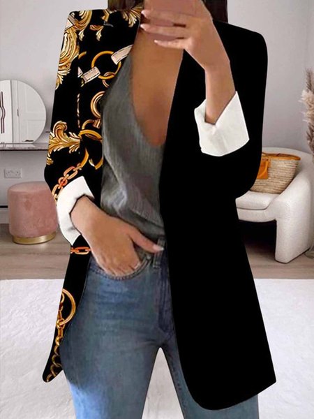 V Neck Urban Split Joint Abstract Print Blazer, Black, Blazers