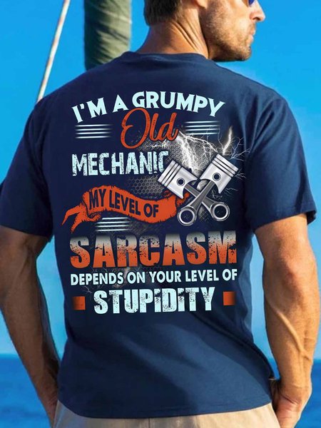 

Men's I Am A Grumpy Mechanic My Level Of Sarcasm Depends On Your Level Of Stupidity Funny Graphic Print Text Letters Cotton Casual T-Shirt, Purplish blue, T-shirts