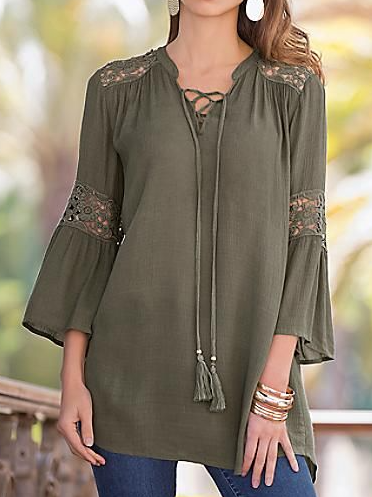 

Lace Plain V Neck Regular Fit Casual Top, Green, Tops