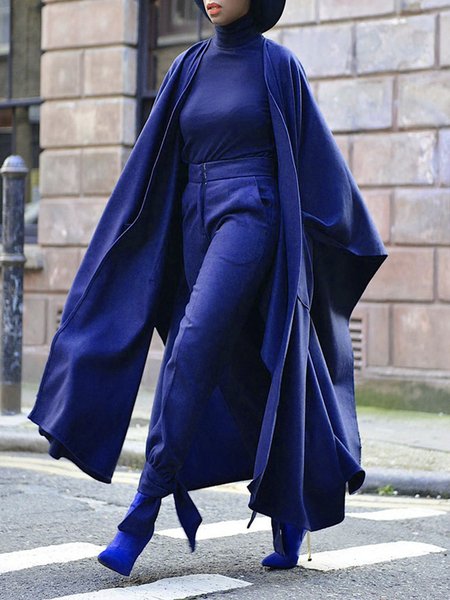Plain Daily Long sleeve Regular Fit V Neck Overcoat, Dark blue, Coats