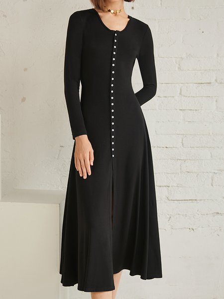 

Plain Urban Long Sleeve Spring Daily Dress, Black, Midi Dresses