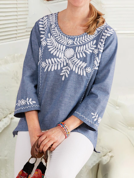 

Regular Fit Floral Casual Crew Neck Top, Blue, Tunics