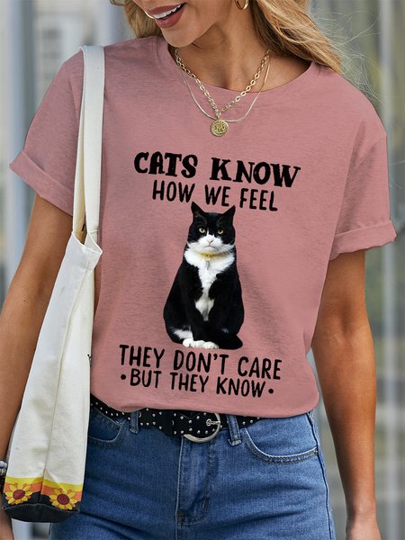 

Women's Funny Cat Crew Neck Cat Casual T-Shirt, Pink, T-shirts