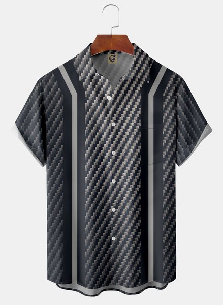 

Gradient Geometric Chest Pocket Short Sleeve Bowling Shirt, Gray, Men Shirts