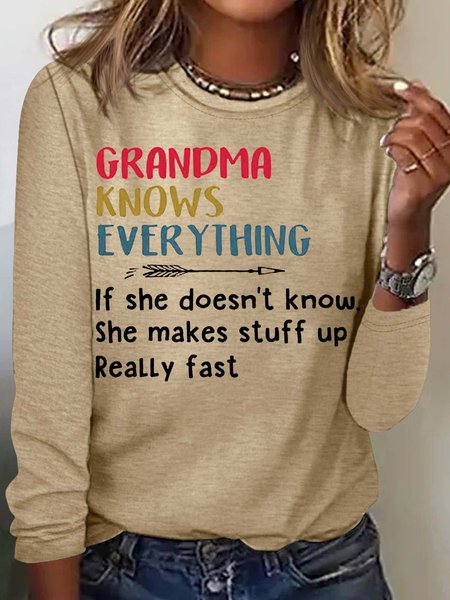 

Women's Grandma Know Everthing Funny Letters Casual Top, Apricot, Long sleeves