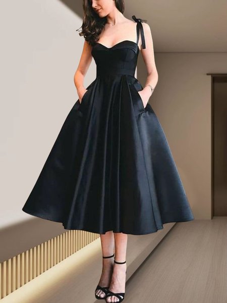 

Elegant Spaghetti Regular Fit Plain No Elasticity Fit & Flare Party Dress, Black, Midi Dresses