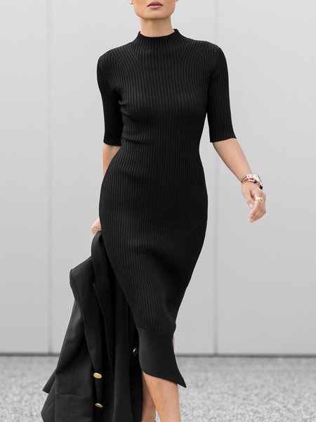 

Half sleeve Plain Elegant Half Turtleneck Dress, Black, Midi Dresses