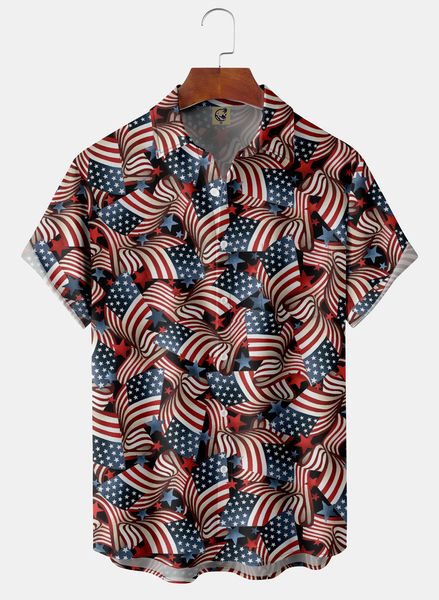 

American Flag Chest Pocket Short Sleeve Casual Shirt, Red, Men Shirts