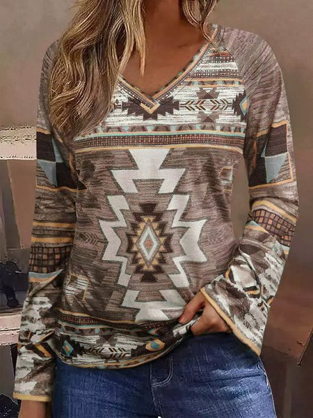 

Ethnic V Neck Geometric Regular Fit Top, Coffee, Tops