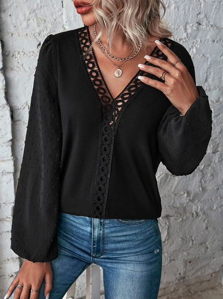 

Lace Insert Lantern Sleeve V Neck Casual Loose Top, Black, Tops